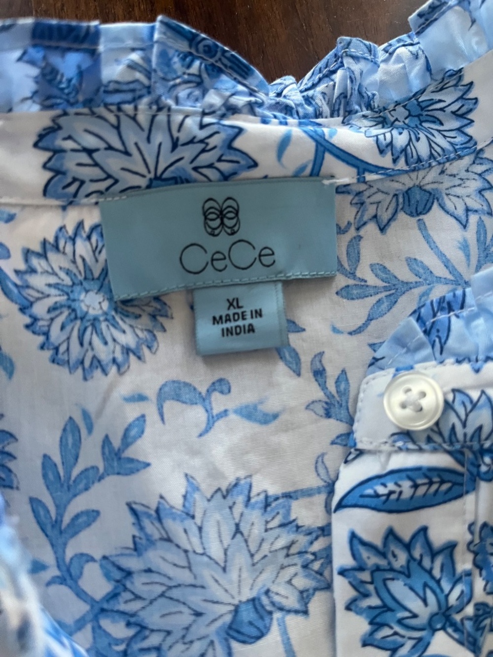 CeCe Blue & White Floral Tiered Cotton Belted Full Button-Front Midi Dress - XL - Picture 9 of 11